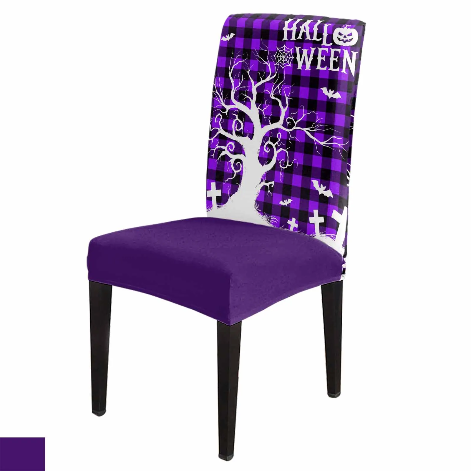 

Purple Grid HALLOWEEN Bat Tree Spandex Chair Cover Office Banquet Chair Protector Cover Stretch Chair Cover for Dining Room