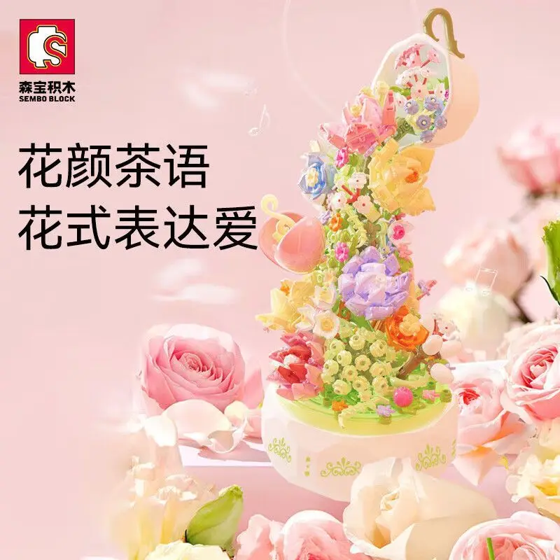 

SEMBO BLOCK Flower and Tea Music Box Model Building Blocks Ornament Exquisite Birthday Gift for Girls