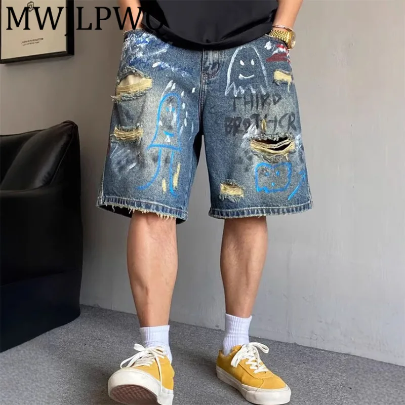 

MWJLPWQ потертые джинсовые шорты с ручной росписью граффити, мужские модные летние новые свободные джинсы с пятью точками в американском стиле 12024