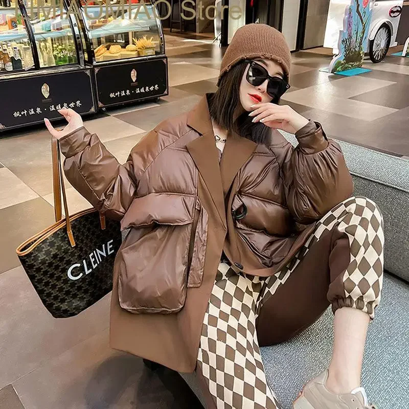 Female Short Lightweight Parkas Winter Women Notched Collar Fake Two-piece Patchwork Down Cotton-padded Coat Casual Long Sleeve