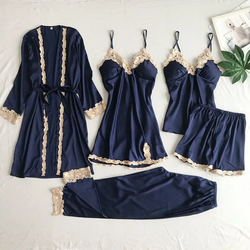 2025New Luxury Satin Pajama Set 5 Pcs Women\'s Silky Sleepwear Lace Trim Robe Nightgown Cami Shorts Pants Elegant Loungewear Hot