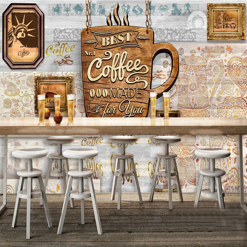 Murais de papel de parede 3D personalizados para decoração, café de madeira vintage, bar, restaurante, pintura de parede 3D, fresco