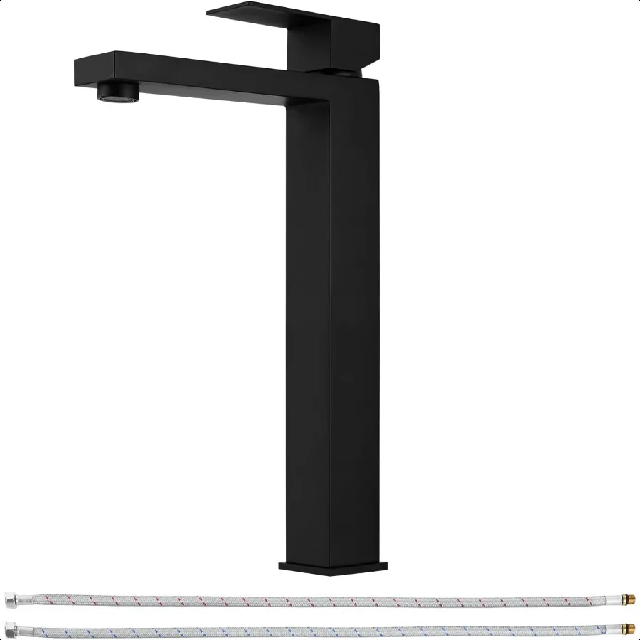 

Single Handle Vel Sink Faucet Tall Bathroom Bowl Basin Mixer Tap One Hole with Water ply Line Matte Black