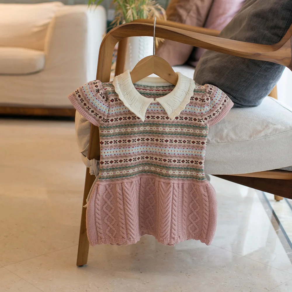 Vintage England Jacquard Knit Dress for Toddler Baby Autumn/Spring Sweater Dress One-piece Clothing 1-4Y Infant Vestidos Casual