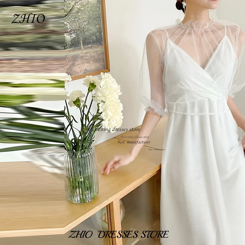 ZHIO White Korean Selfie Wedding A-line High Neck Sheer Outdoor Shooting Sleeveless Organza Customized Dresses Engagement Party