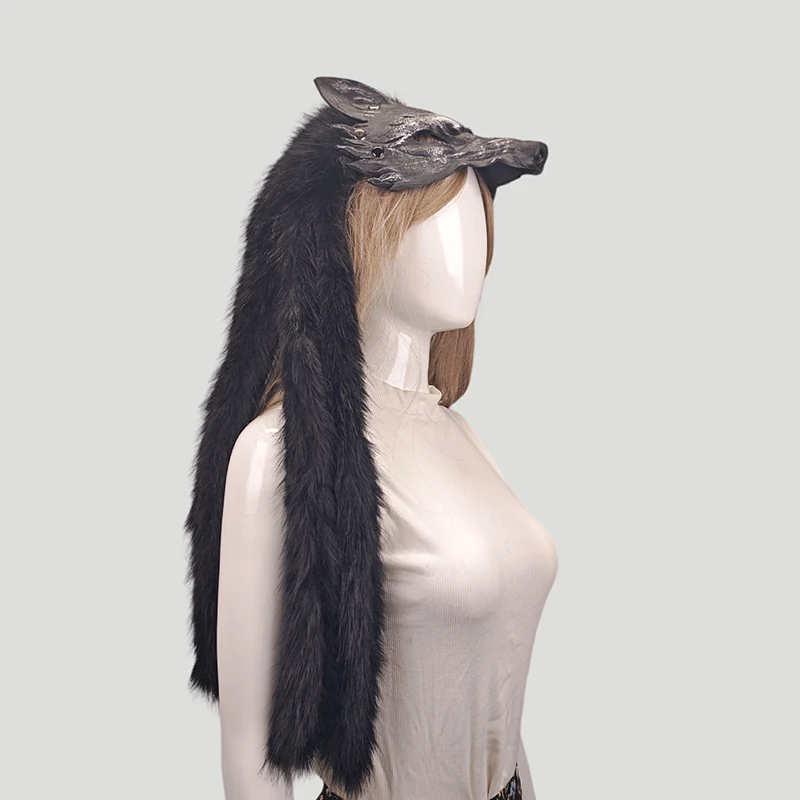 Retro Gothic Wolf Head Fur Cosplay Props Unisex Medieval Viking Tribal Style Faux Fur Headdresses Party Werewolf Costume 6
