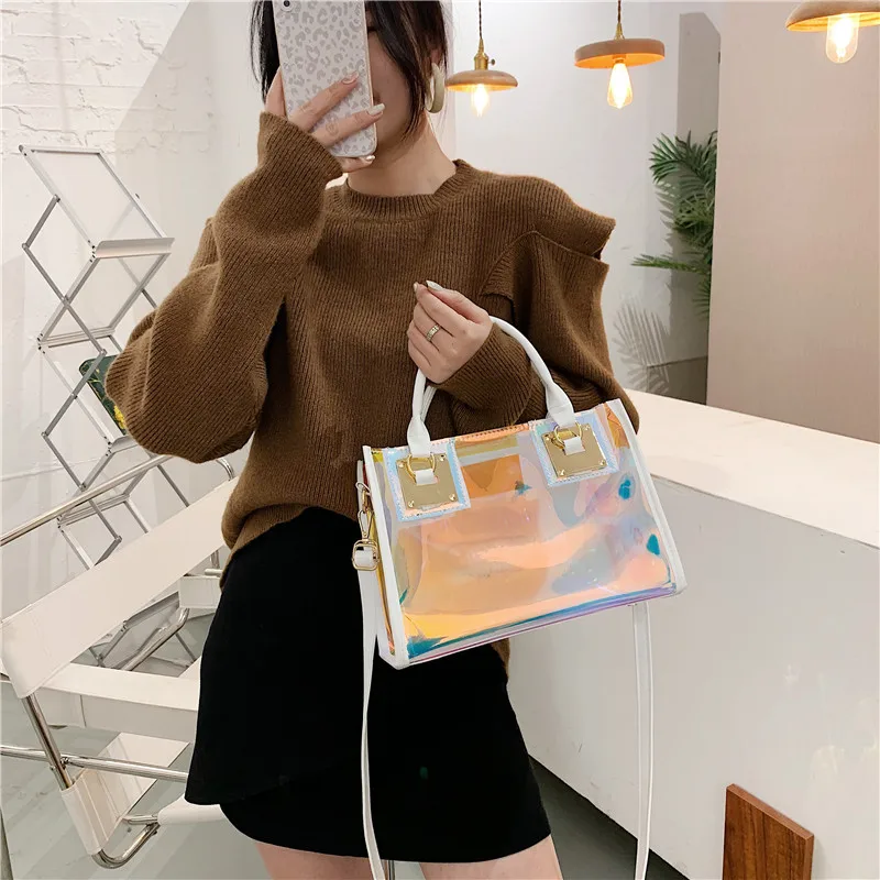 Bolso de gelatina transparente con láser para mujer, bolsos de mano de diseñador para mujer, bolso de compras grande de Pvc, bolso cruzado de viaje para playa, nuevo