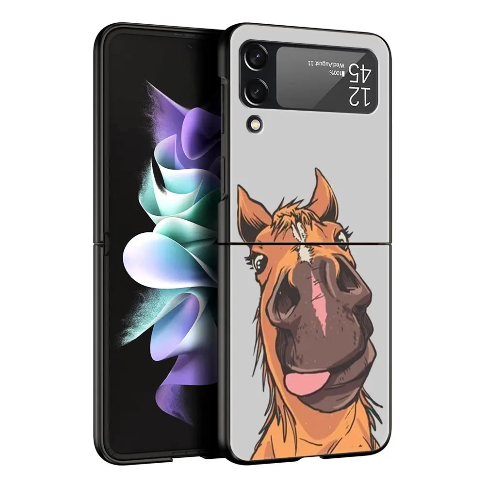 Case For Samsung Z Flip 3 4 5 Hard Black Folding PC For Samsung Z Flip3 Cover Protect Shell Animal Galloping Horse Girl Drawing