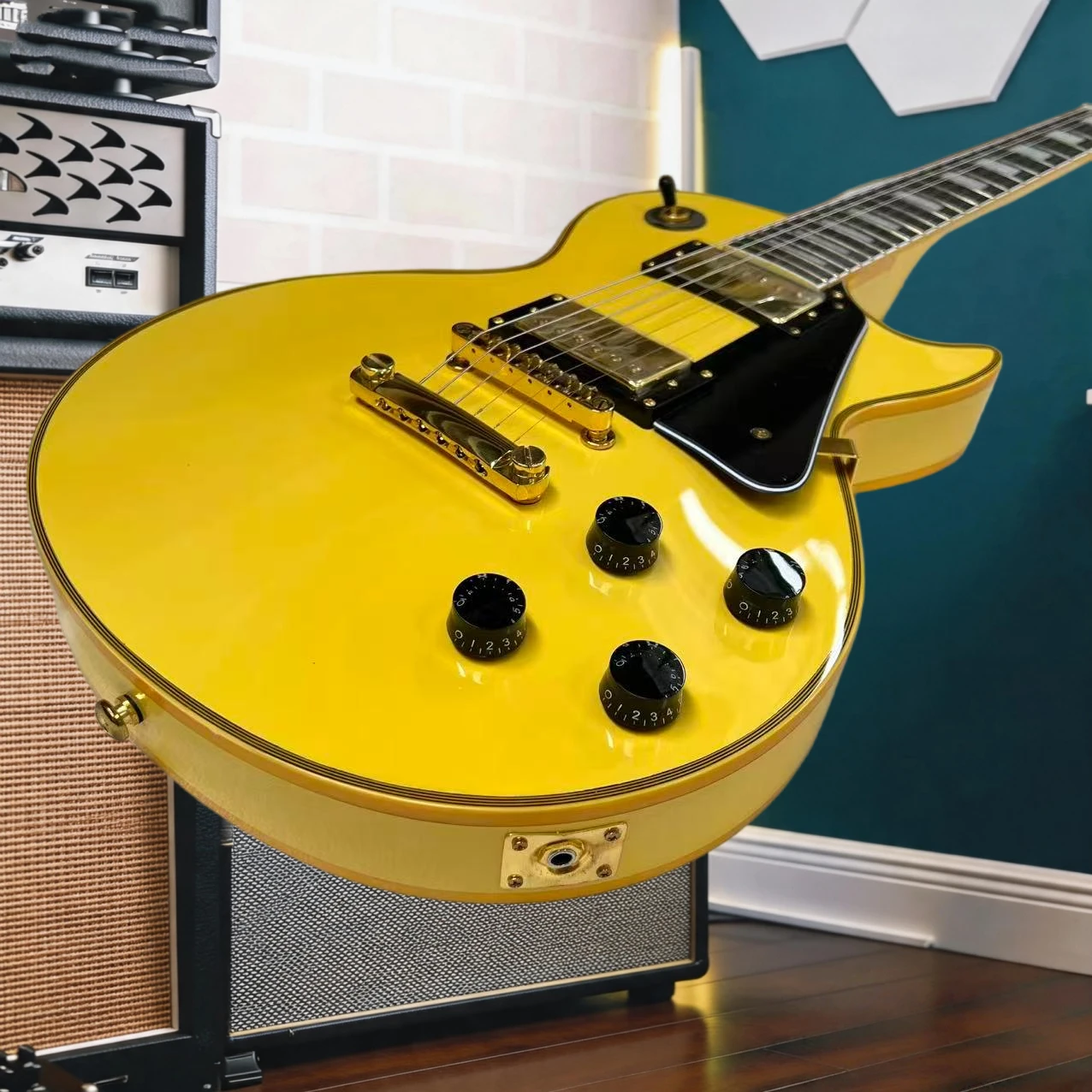 Gloss Solid Yellow LPQ Custom Electric Guitar, Gold Tom Bridge & Gold Burst Pro Humbucker Pickups,