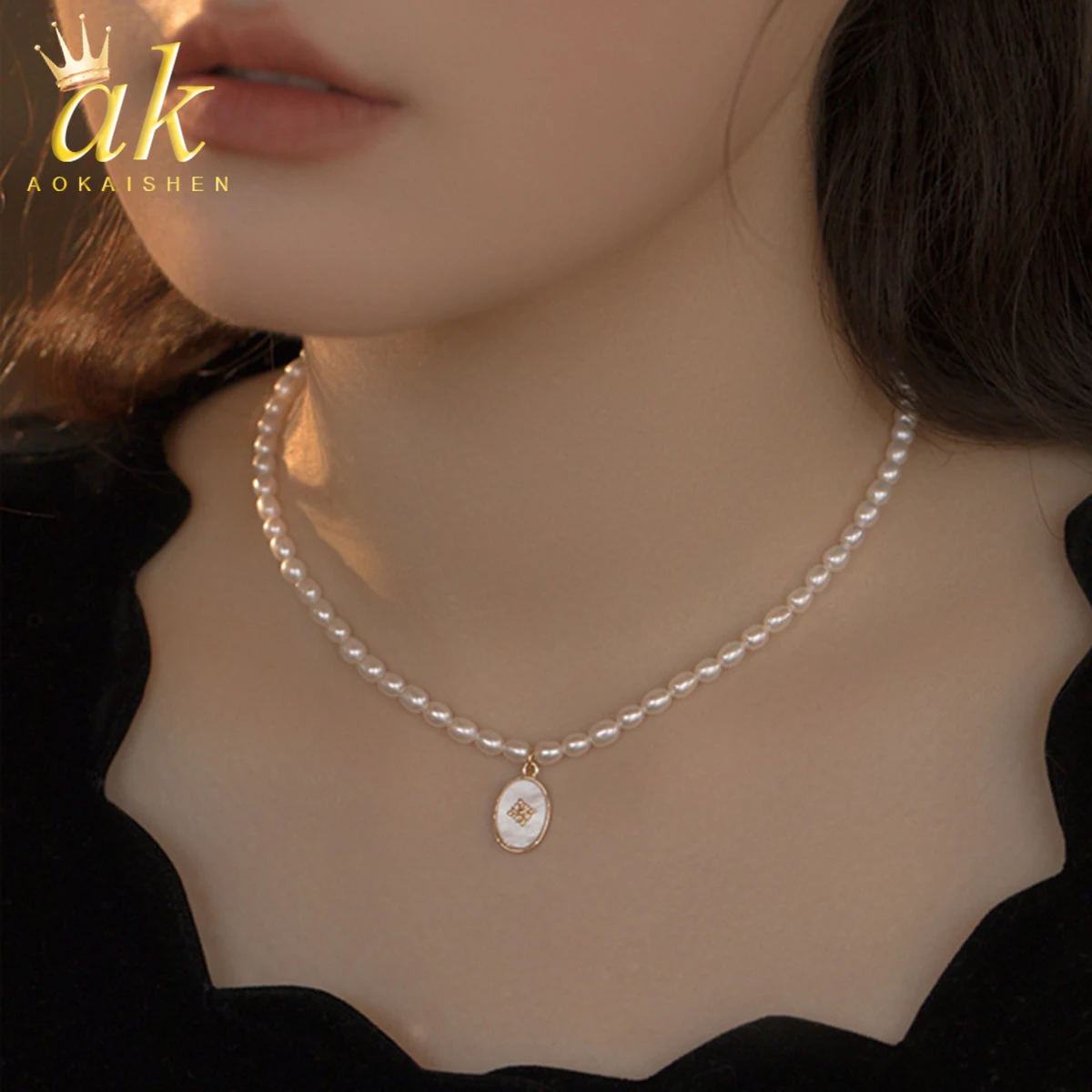 

Aokaishen Pearl Necklace Women's Versatile High end Colorless Extremely Small Rice Bead Collar Chain New Chinese Style Jewelry