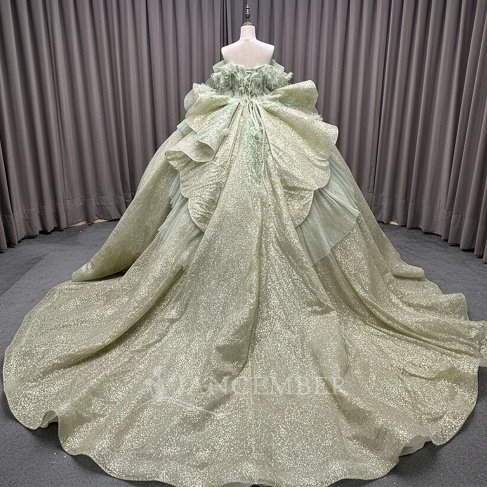 Customized Shiny Green Ball Gown Quinceanera Dress Beading Corset Sweet 16 Vestidos De 15 Anos Cap Sleeve Ruffles Lace Up Back