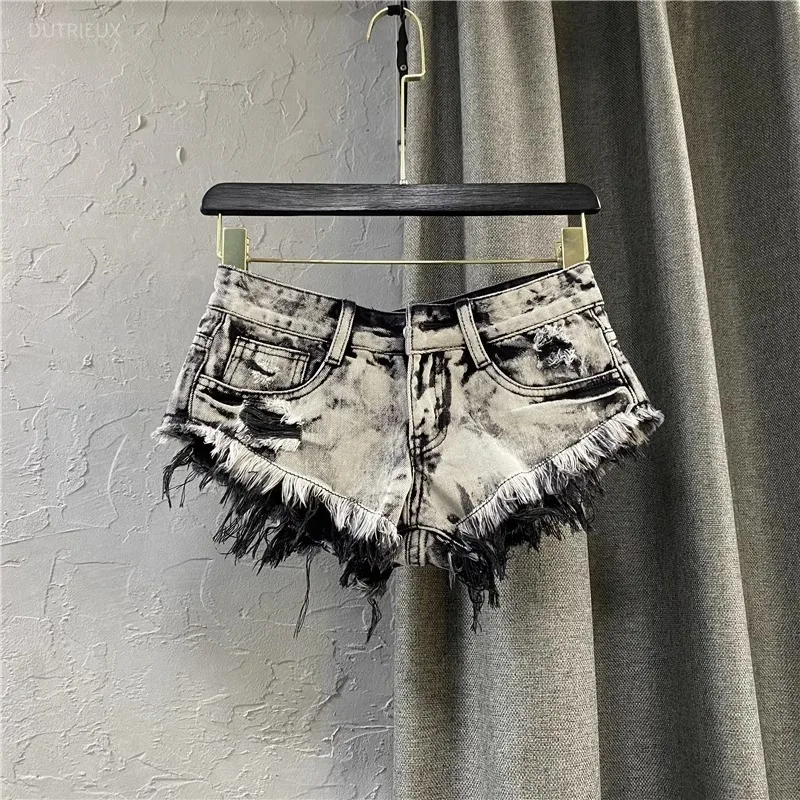 Korean Spice Girl Low Waist Vintage Hot Tassel Short Jeans Pants High Street Y2k Punk A-line Trousers Harajuku American Shorts