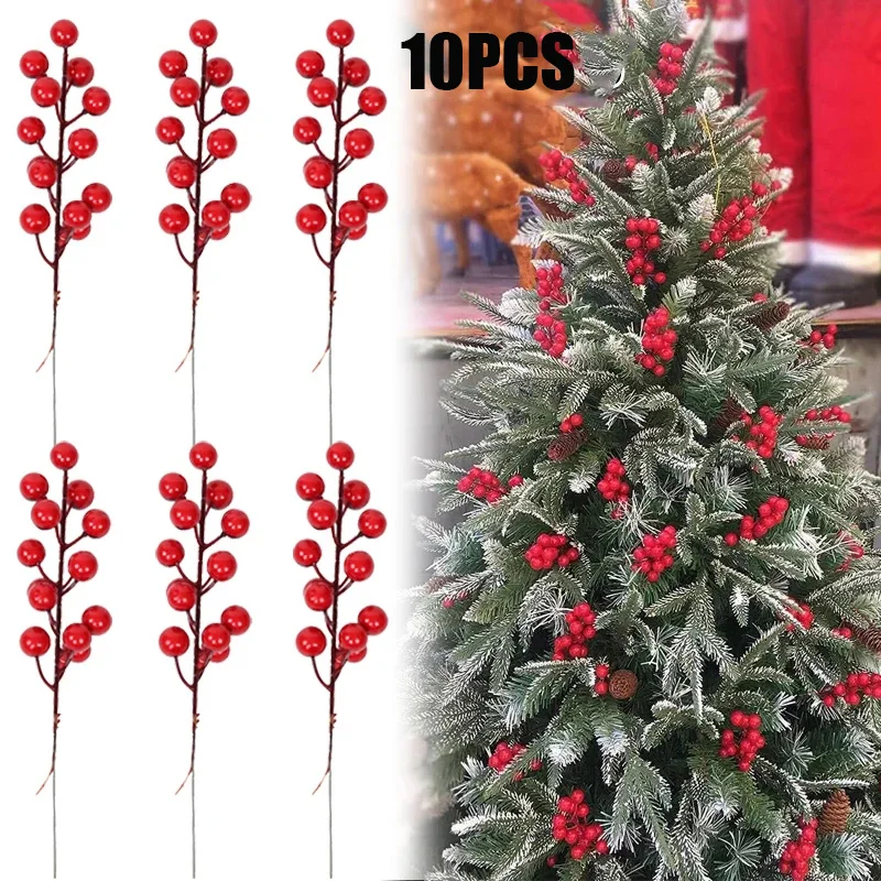 10pcs Red Christmas Berries Artificial Flowers Stamen Holly Berry Christmas Wreath Decoration For Home Xmas New Year Gifts Decor