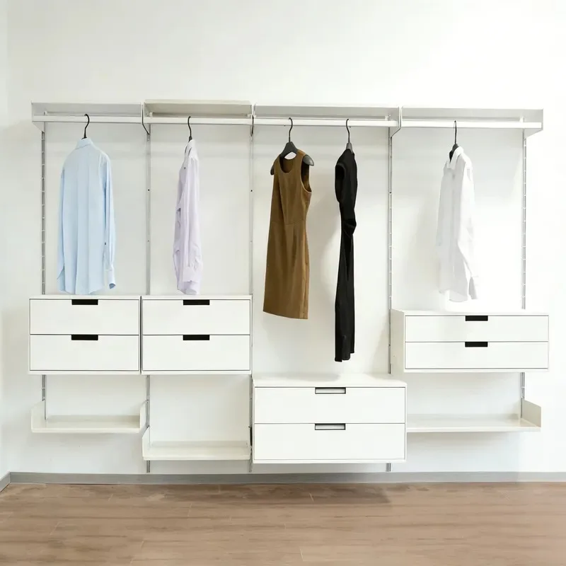 New Steel Modular Wall Shelving System 5 Tier Adjustable Track Floating Shelves for Bedroom Living Room Clothing Food Storage