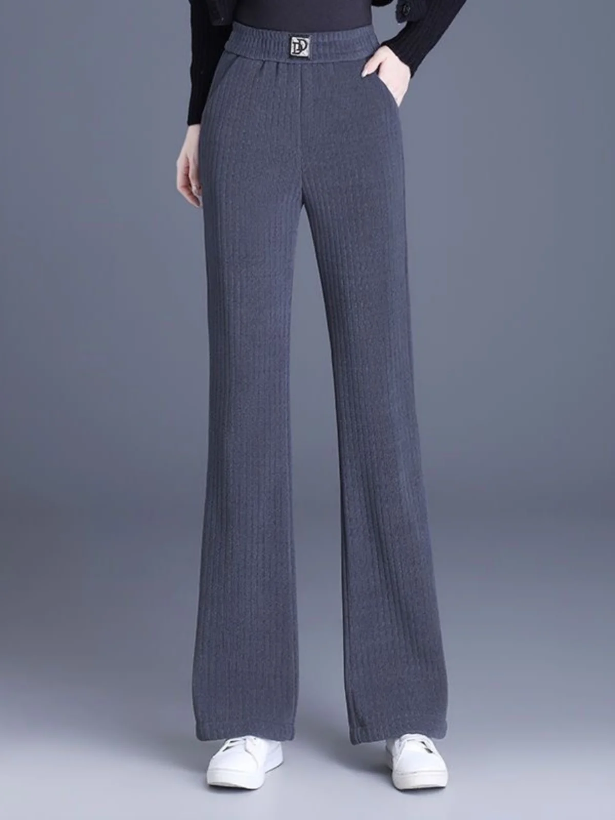 Pantalones ajustados de pierna ancha para mujer, ropa fina de chenilla Sle de cintura alta para mamá, pantalones informales de franela de tubo recto para primavera y otoño