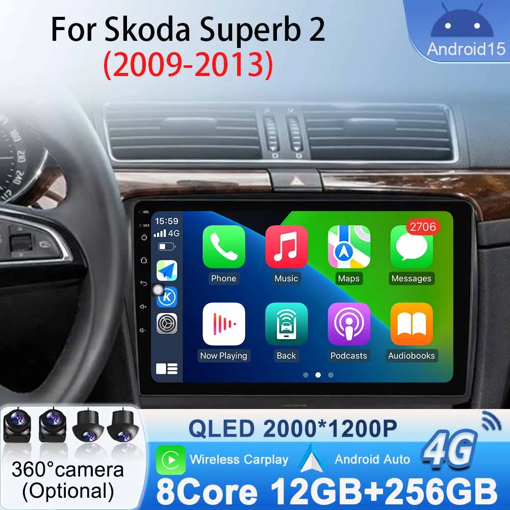 

For Skoda Superb 2 2009 - 2013 Carplay Auto Android Car Radio Video Player Navigation GPS Multimedia Bluetooth Stereo Android 15