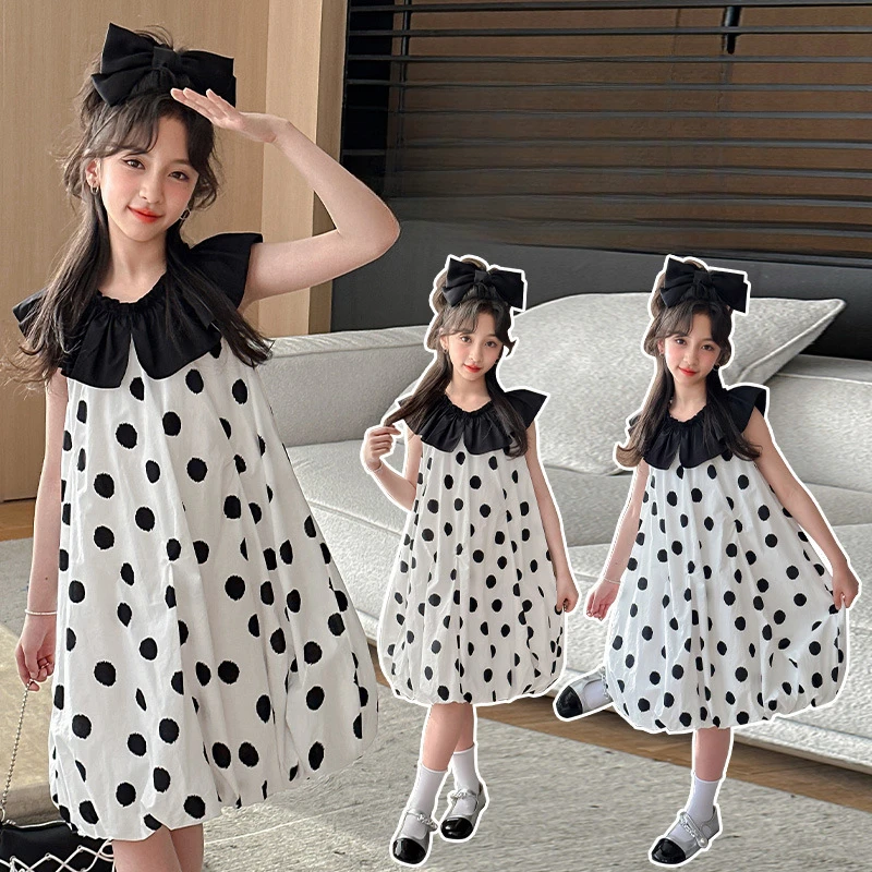 

Girls Skirt Polka Dress Summer 2024 New Girls Big Kids Sweet Doll Collar Skirt Children Summer Sleeveless Dress Simple Casual