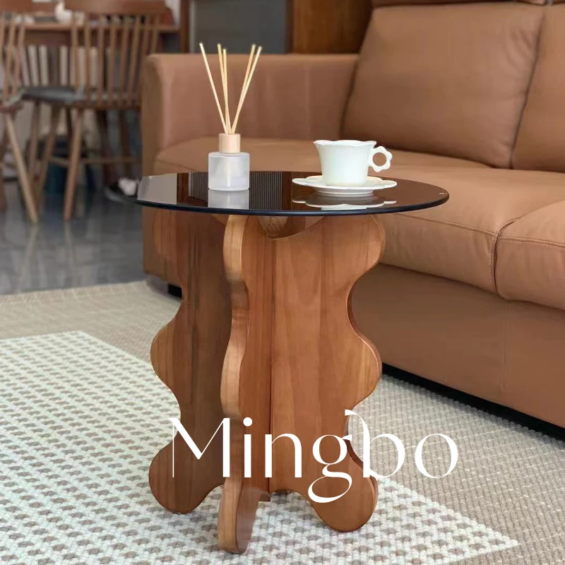 MINGBO French retro petal edge several solid wood ins wave coffee table creative table tempered glass small round table