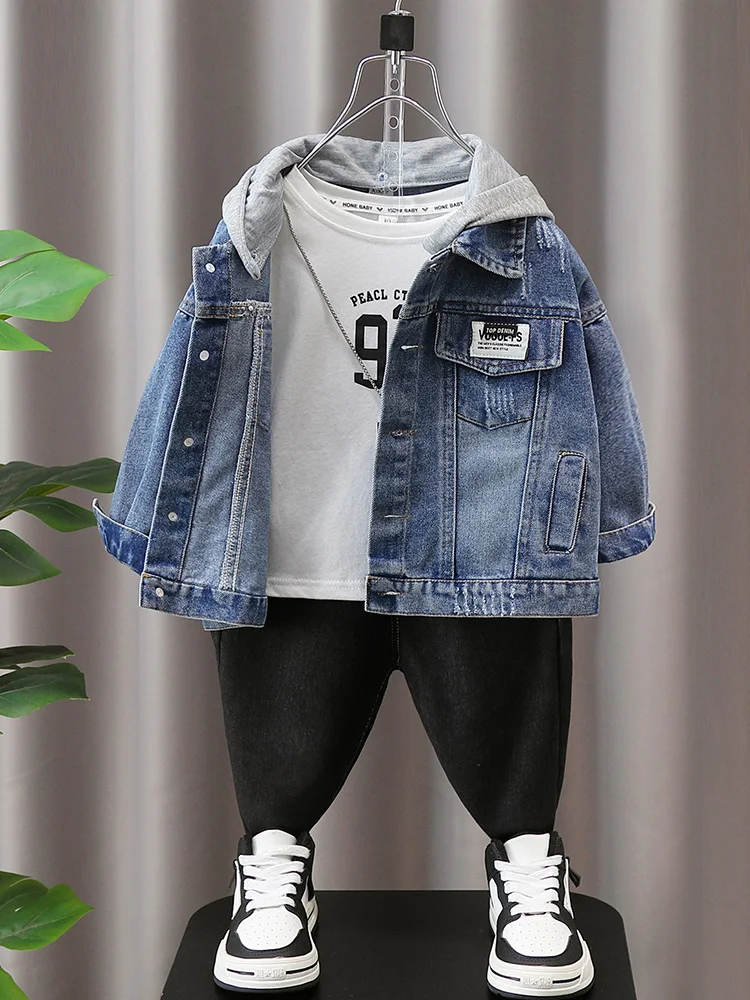クールカジュアルキッズデニムジャケット春秋フード付きコートベビーボーイ綿ポリエステル混紡春秋ストリートスタイルトップ