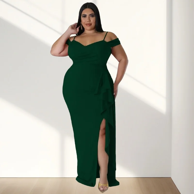 L-4XL Plus Size Dresses for Women African Clothing 2024 Spring Summer Halter Sleeveless Ruffles Split Party Evening Maxi Dress