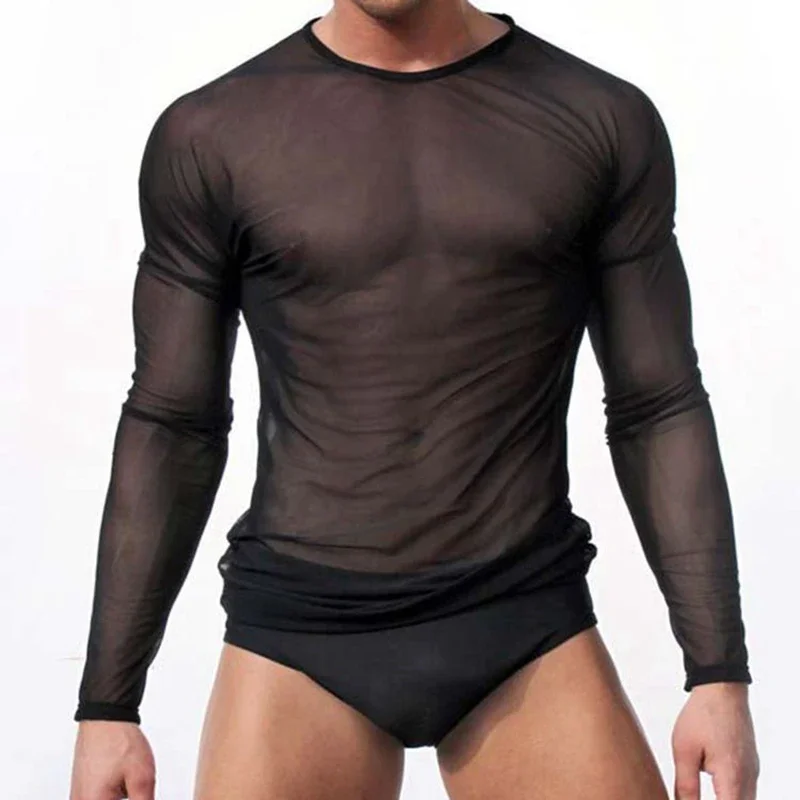 Men Undershirt Sexy Mesh Transparent Sheer Shirts Long Sleeves Slip Homme T Shirts Ondergoed Hemd Gay Top Tee Underwear Clubwear