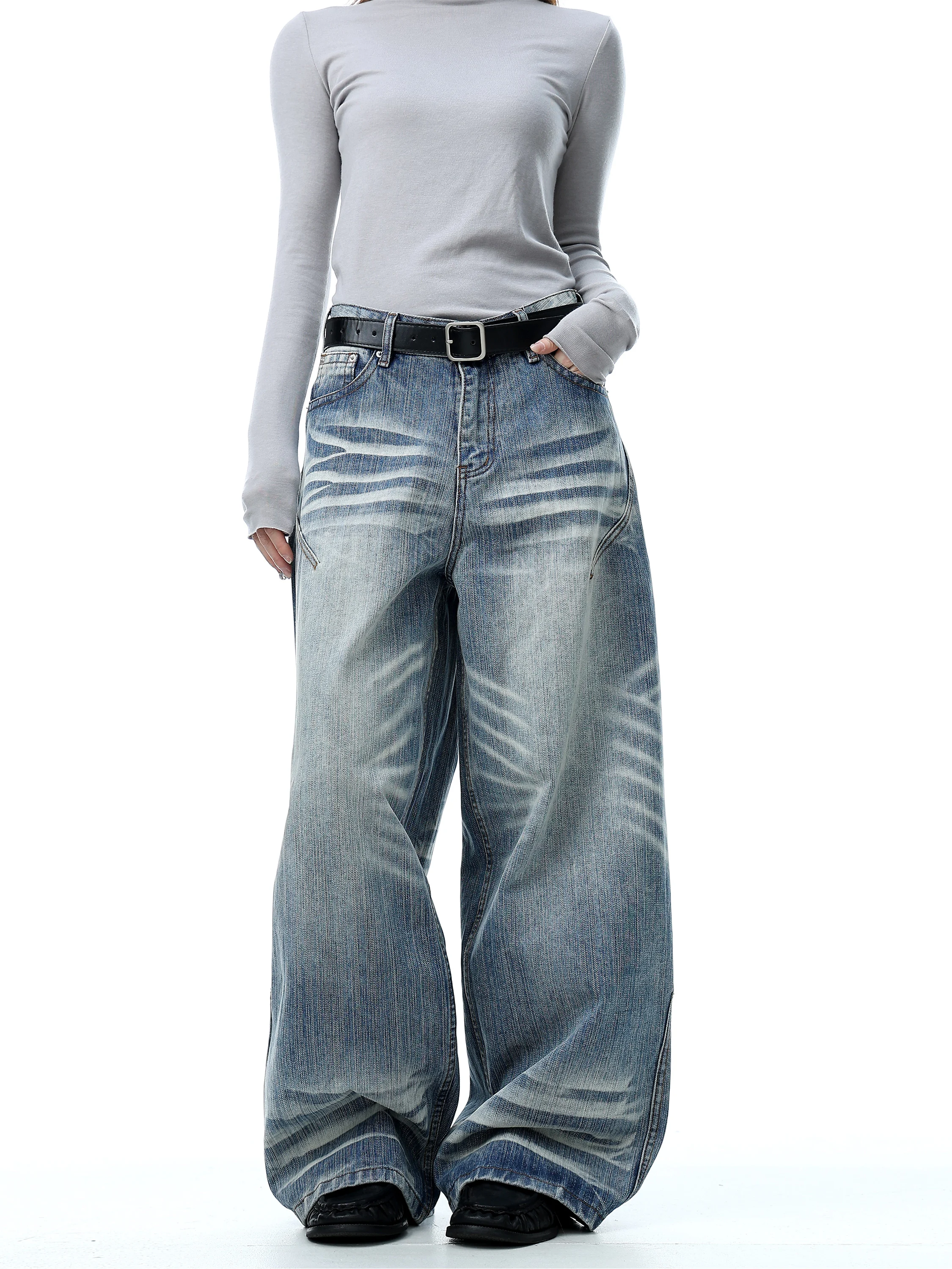 

Retro American Waed Wide Leg Knife Denim Jeans Men Women High Sensation Loose Pants Youth Trendy Straight Tube Jeans