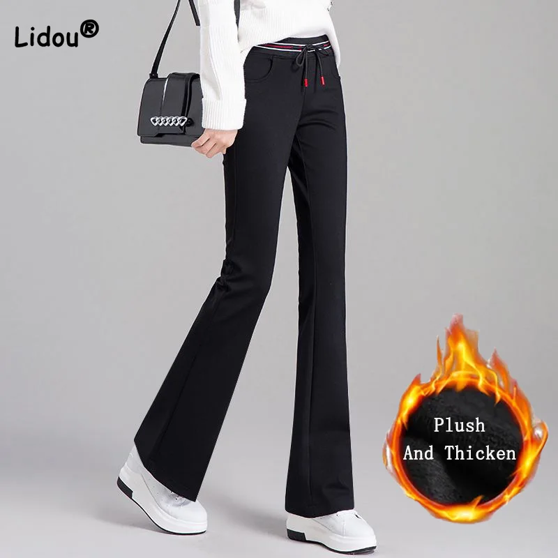 

Office Lady Color Striped Elastic High Waist Trousers Autumn Winter Plush and Thicken Warmth All-match Black Micro Flare Pants