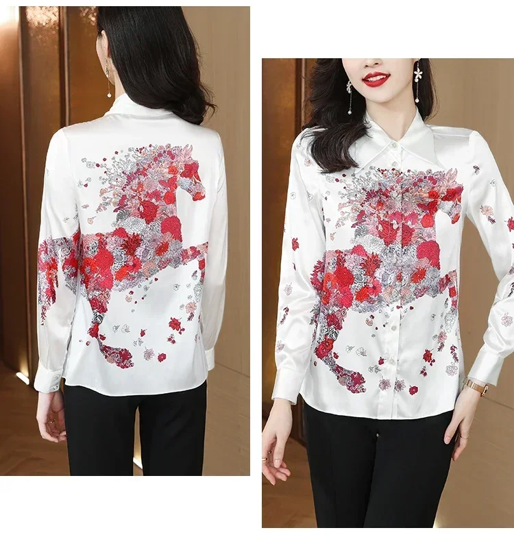 Satin Long Sleeve Shirt Women 2024 New Summer Printing  Korean Fashion Loose Comfortable Single-breasted Lapel  Blouse