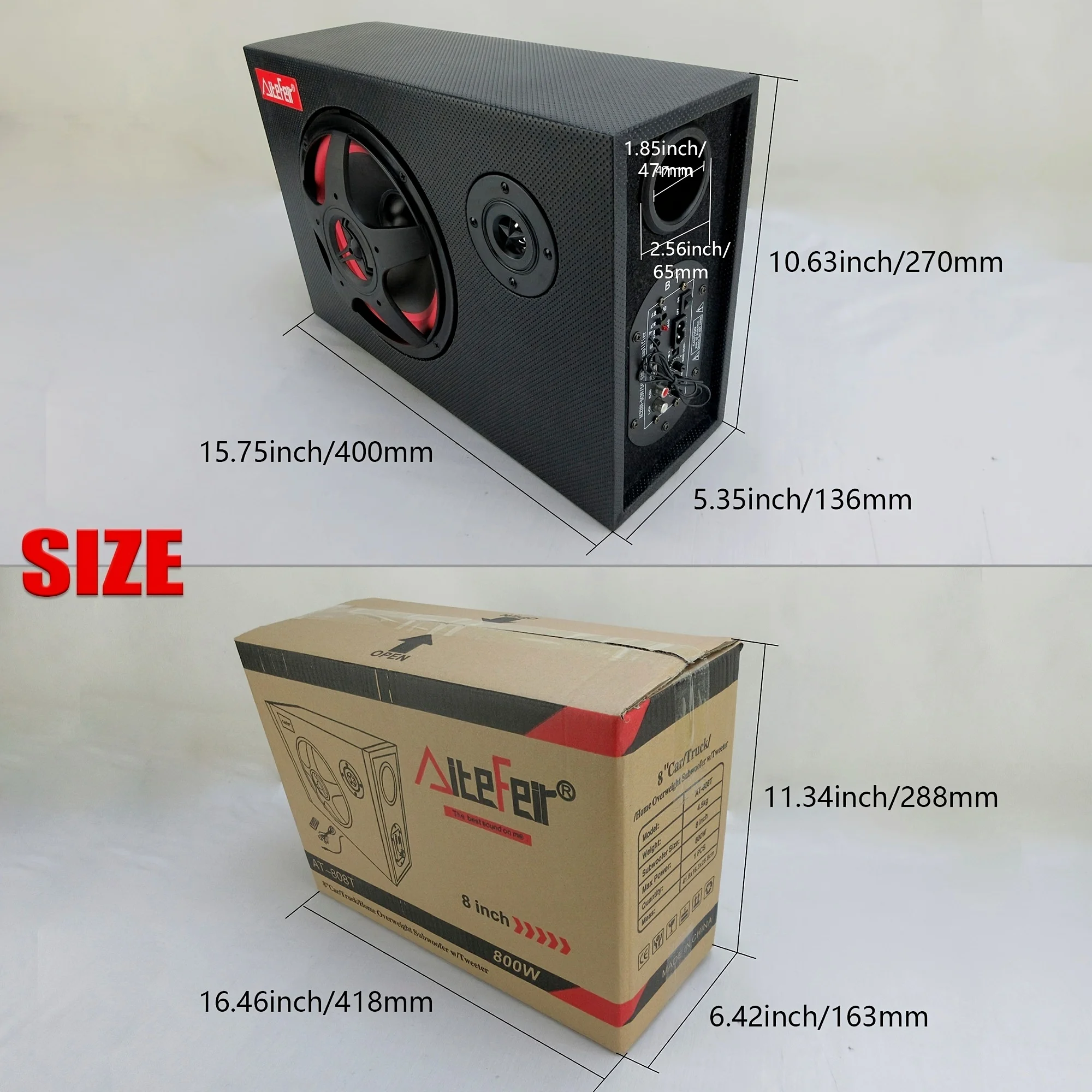 8 Inch 800W Active Car Subwoofer Universal High-Power Square Design 12/24V-110/220V Three-Purpose Auto Audio Accessories