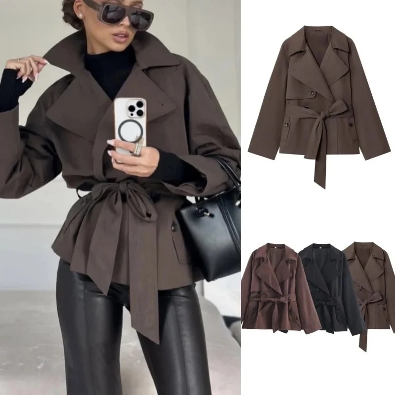 

Lapel double-breasted Maillard color belt casual trench coat Autumn 2025 new collection women's British style