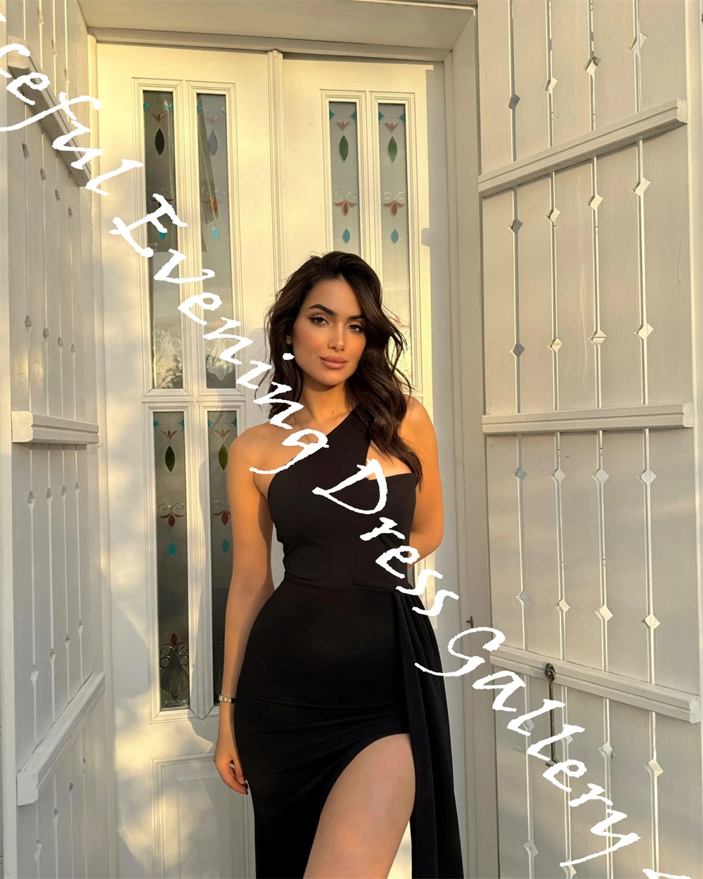 Customized  Graceful Black Jersey Evening Dress Fashion One Shoulder Sleeveless Party Dress Sexy Floor Length Celebrity