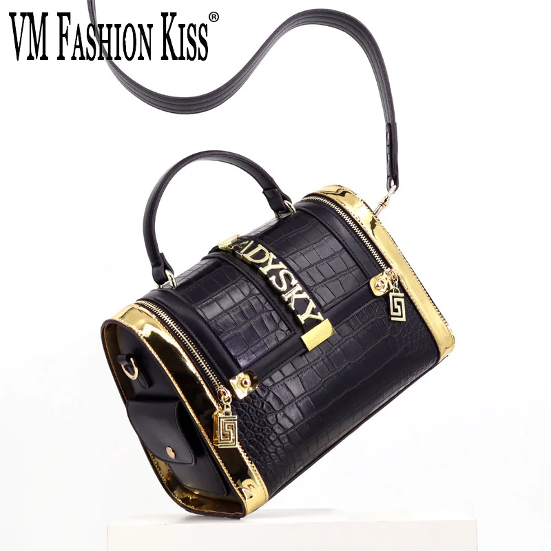 VM FASHION KISS Autumn Winter Female Boston Crocodile Shoulder Bag Splicing Patent Leather Woman Handbag Designer Bags Luxury