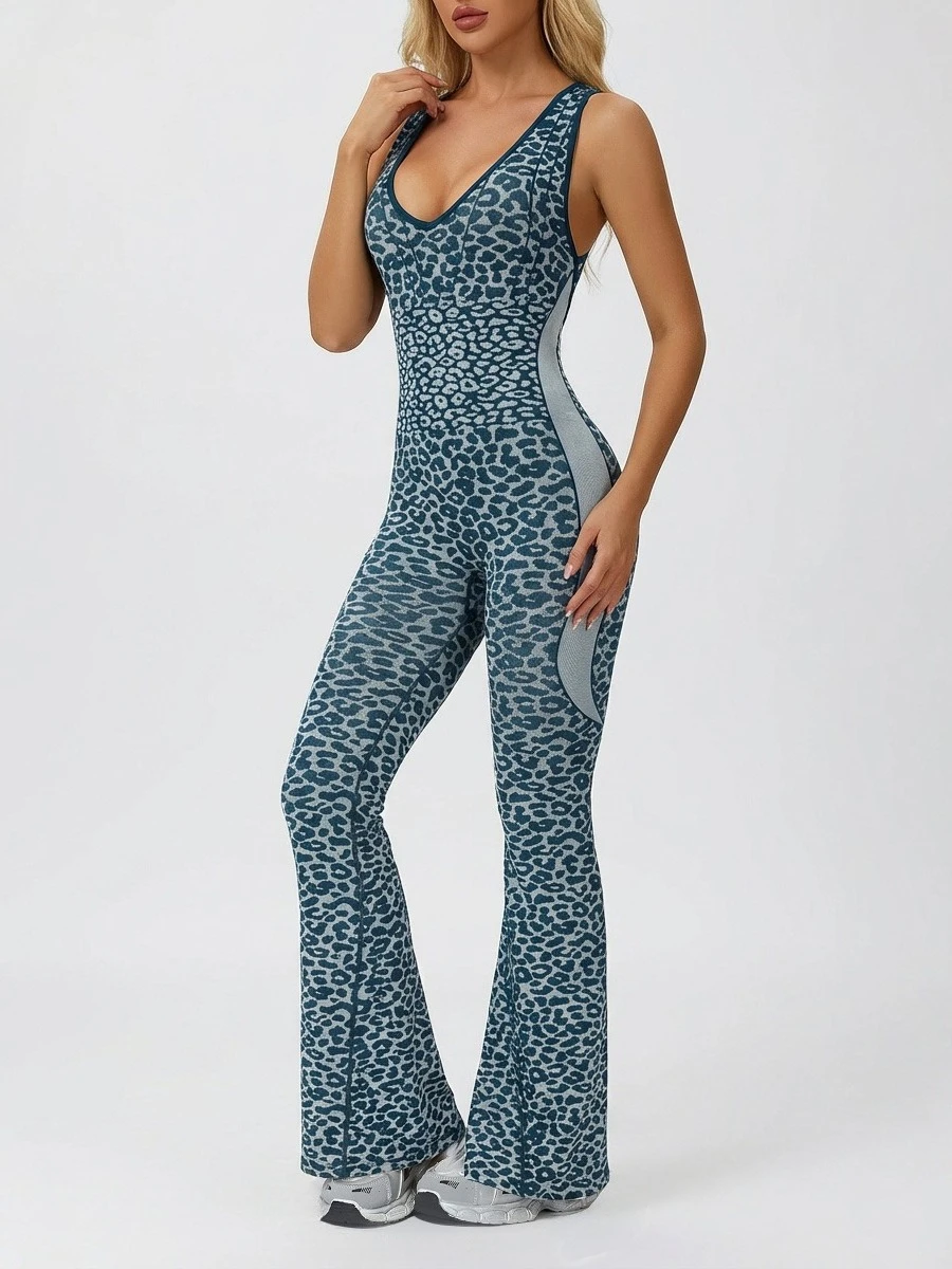 

Женский комбинезон без рукавов с леопардовым принтом, спортивный, повседневный, сексуальный, с открытой спиной, для йоги и фитнеса, расклешенные брюки, спортивный костюм, боди