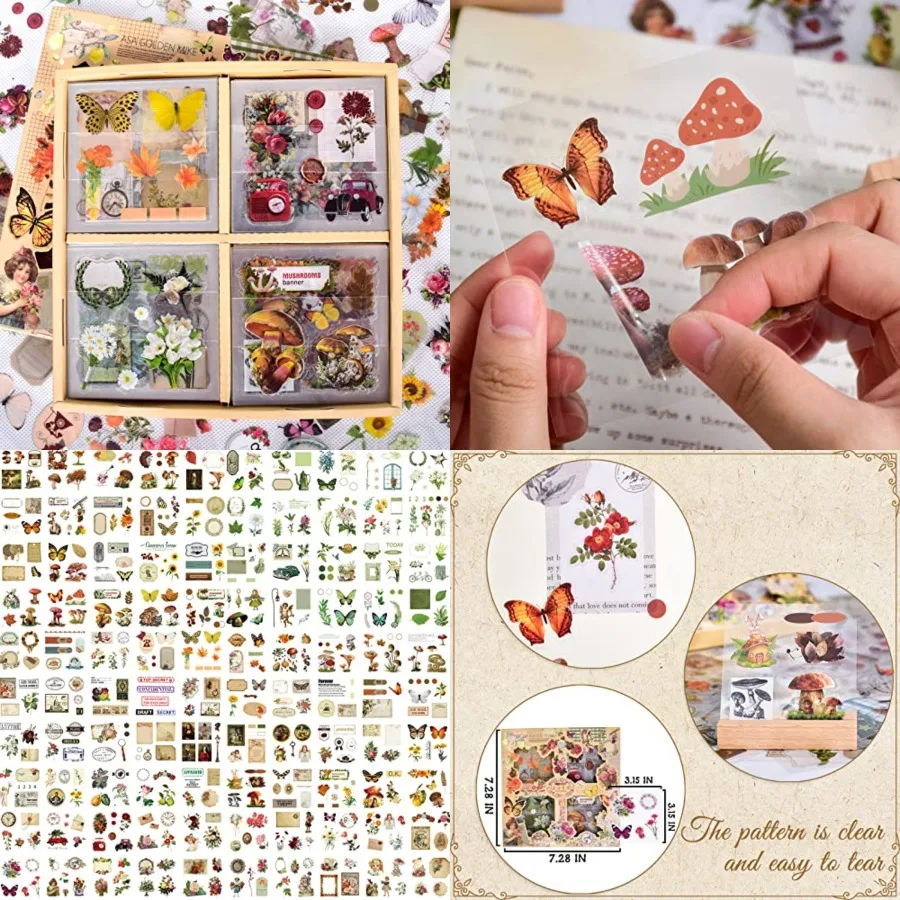 

510PCS Plants Floral Scrapbook Stickers Kit Vintage Flowers Butterfly Mushroom Fall Maple Leaves Transparent Waterproof Sticker