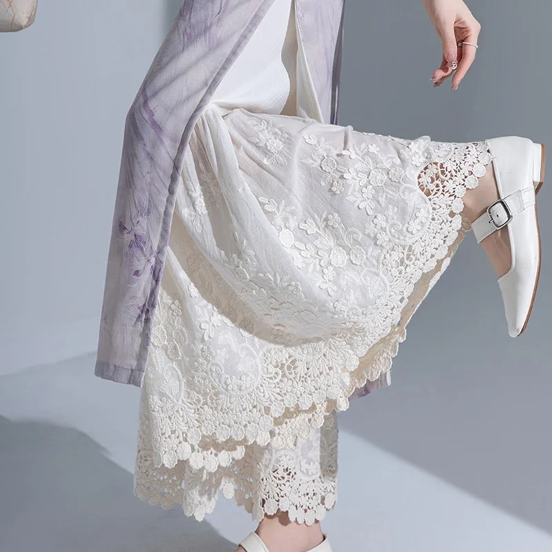 Pure Cotton Soft Embroidered Hollow Lace Half Skirt Pants Base Layer Qipao Bottoming Long Pants Thin Summer Polyester Cotton ...