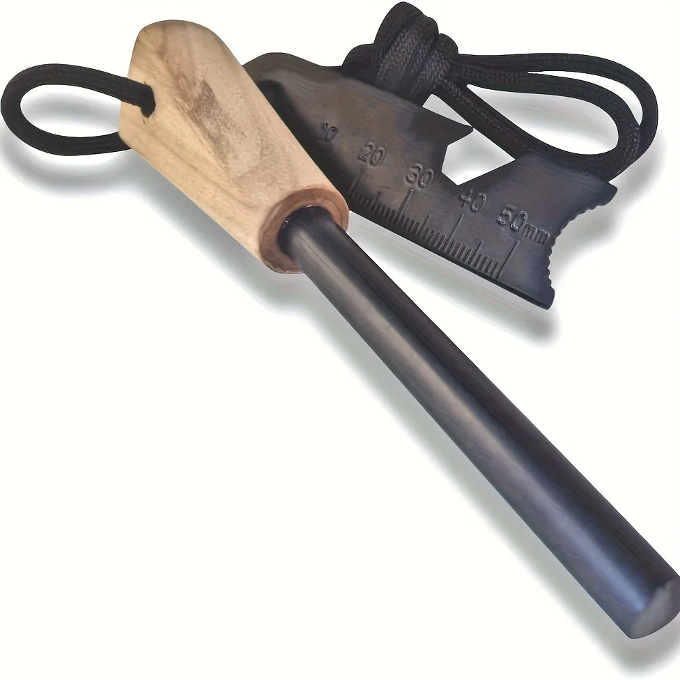 New Wilderness Survival Portable Flint Kit - Magnesium Fire Starter Stick with Wooden Handle for Camping Outdoor Equipment Tool
