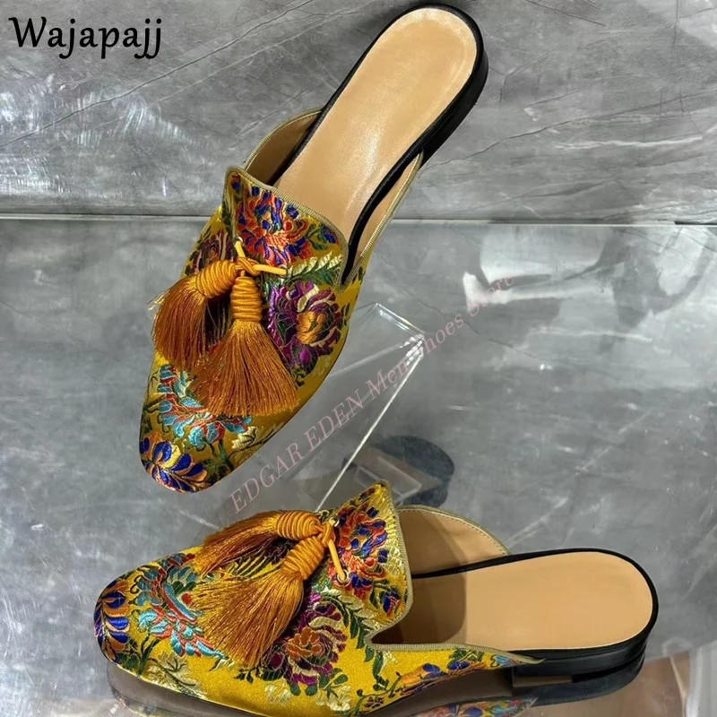 Fashion Colorful Flower Embroidery Tassel Man Summer Satin Slippers Comfortable Flat Heel Round Toe Male Outside Mules Shoes