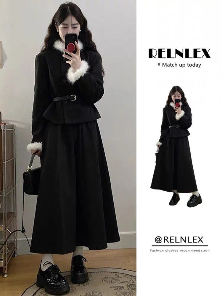 

Korean Style Double Breasted Coat Women's Fashion Set with Fur Collar Half Skirt High Waist Autumn Winter Warm Thickened