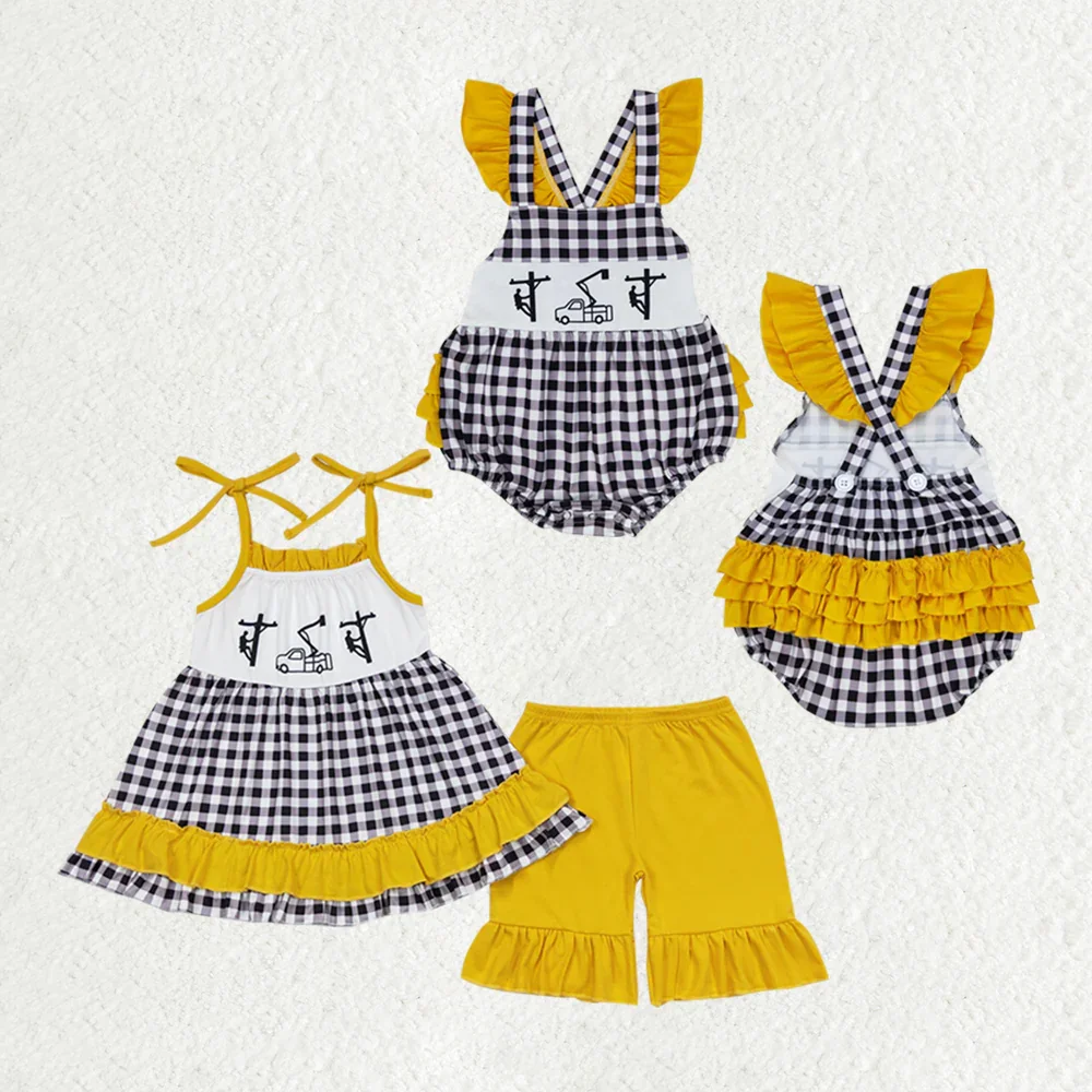 

GSSO0771 Wholesale Matching rompers baby girl clothes flying sleeve shorts set Summer Boutique kids clothes girl sets
