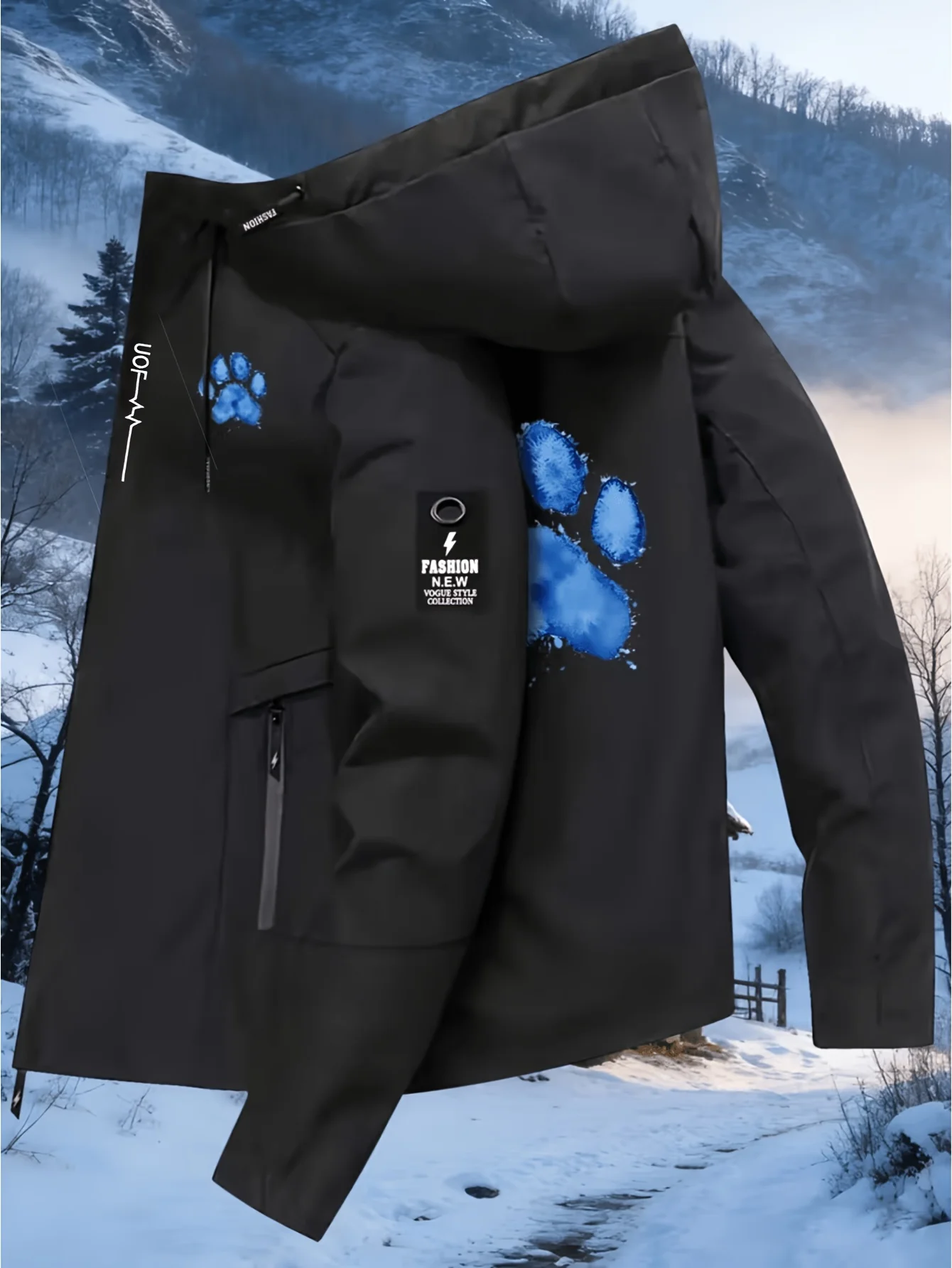 Men's Watercolor Blue Claw Print Hooded Stormtrooper Jacket Spring and Autumn Windproof Waterproof Jacket Personalized Trendy
