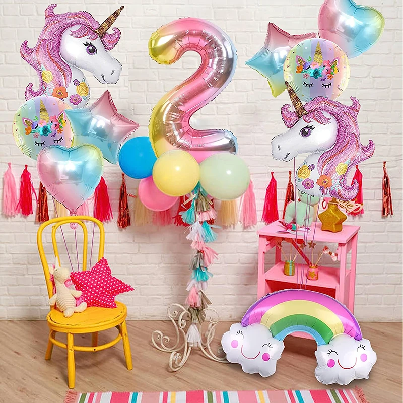 10pcs Unicorn Foil Balloons Set Digit 1-9 Macaron Rainbow Cloud Balloons Baby Shower Wedding Girls Birthday Party Decorations