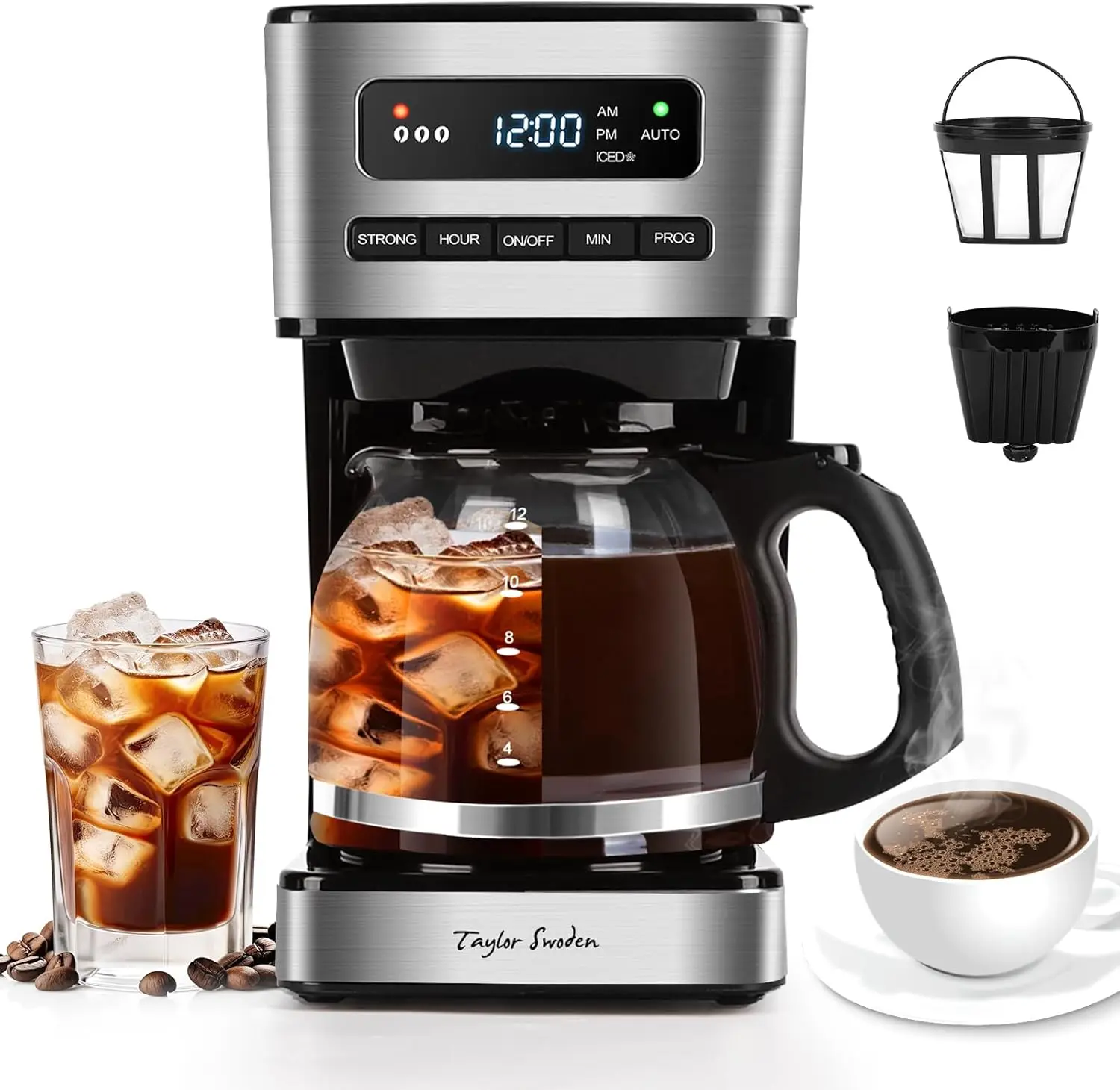 

Programmable Coffee Makers 12 Cup, Hot and Iced Coffee Maker, 4 Brew Strength, LED Display, 24H Timer, Keep Warm&Auto Shutoff