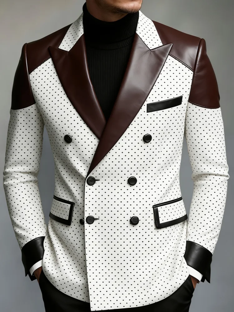 Men Luxury Gentleman Fashion Polka Dot Blazer Leather Splice Peak Lapel Double Breasted Wedding Groom Party Tuxedo Jacket