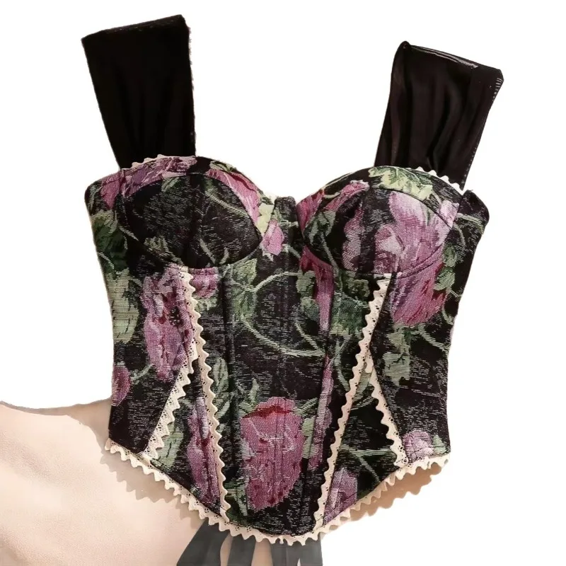 Amerikanisches Retro-Print Abend-Camisole Damen Träger-Top mit Spitzenbesatz Schlankes Oberteil 2025 Streetwear Blumenmuster Vintage Strand-Tanktop ﻿