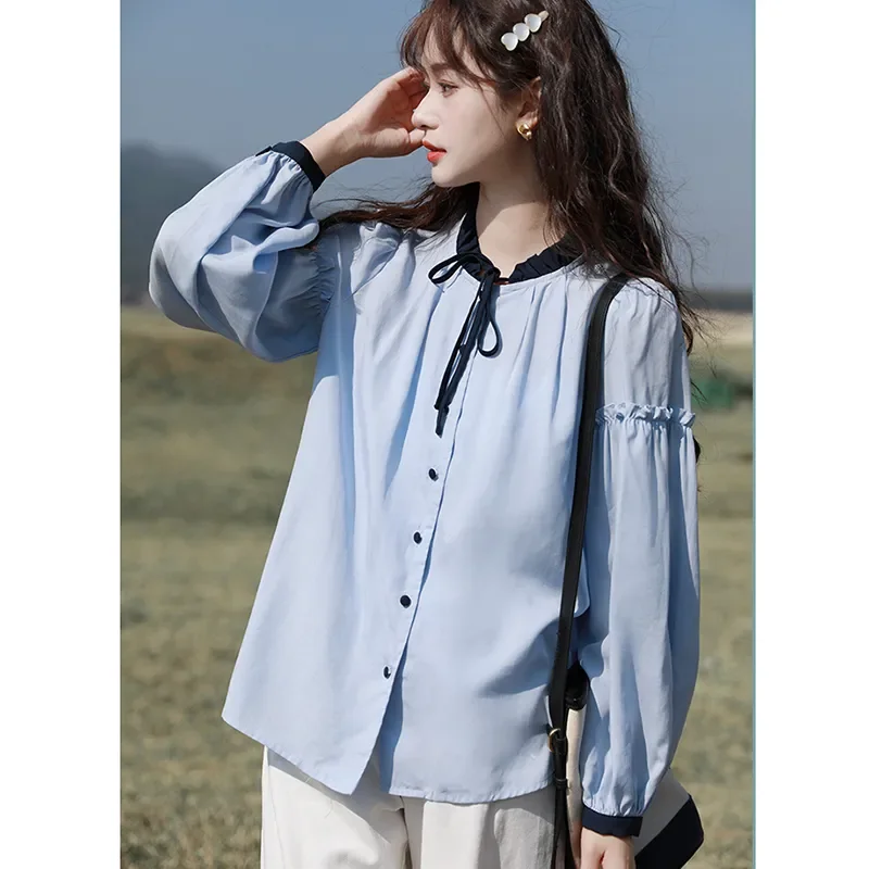 

Japan Elegant Sweet Retro Blue Blouse Women Long Sleeve shirts Loose Preppy Style Ruffles Lace Up Vintage Lady Women Tops