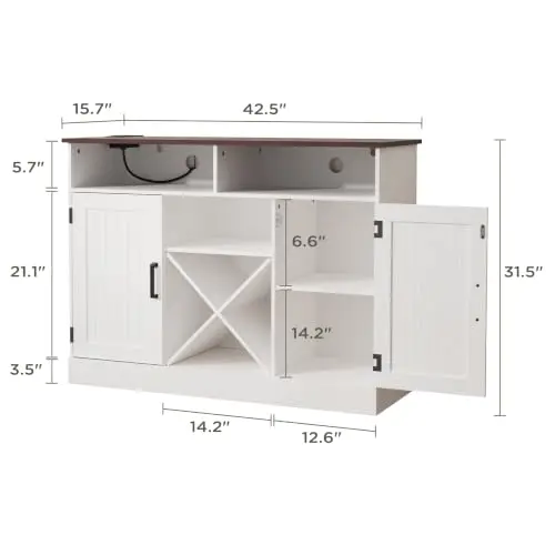 Farmhouse Coffee Bar Cabinet with Prower Outlets, Rustic Liquor Cabinet with Wine Rack, Wooden Wine Cabinet for Dining image 2
