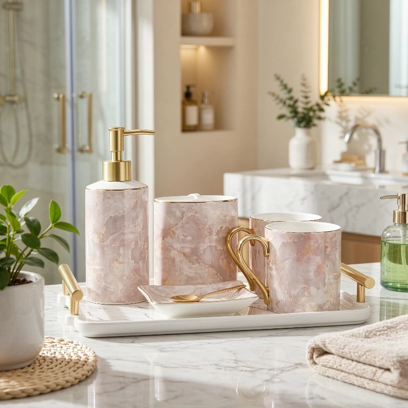 Ceramic Toothbrush Holder Set 5 Piece with Tray Rinse Cup Modern Bathroom Vanity Countertop Organizer Compact 세라믹 욕실 세트