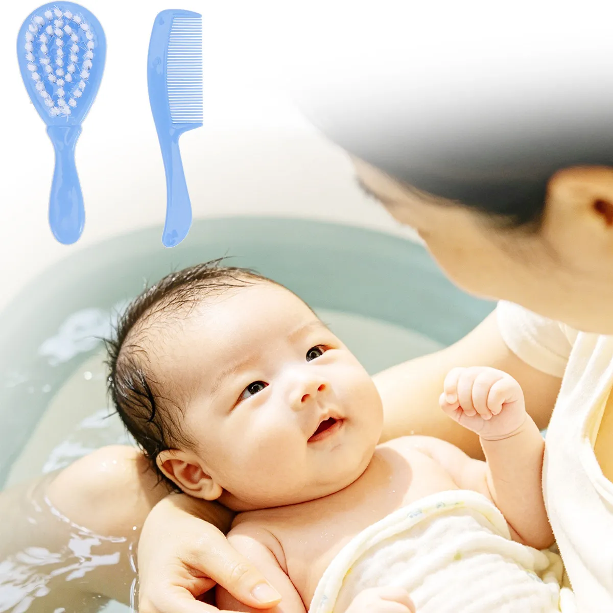 

Baby Brush Comb Set Blue Circular Tooth Design Safe Non Scratch Massage Comb Promote Development Blood Circulation