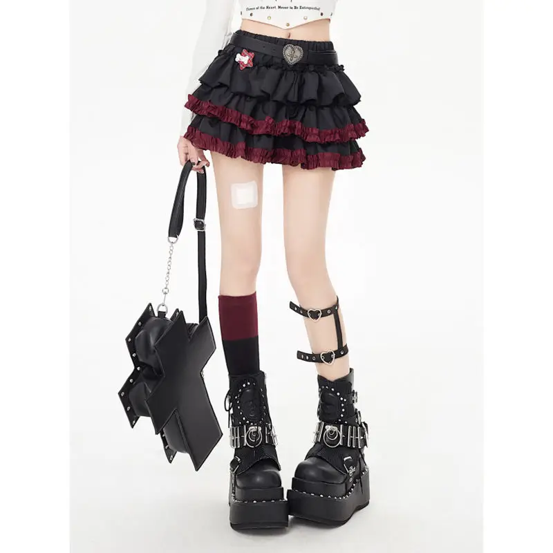 American Y2K Hip-hop Trend Gothic Dark Punk Red Pleated Fluffy Skirt Women's Summer 2000s Millennium Retro Cake Skirt