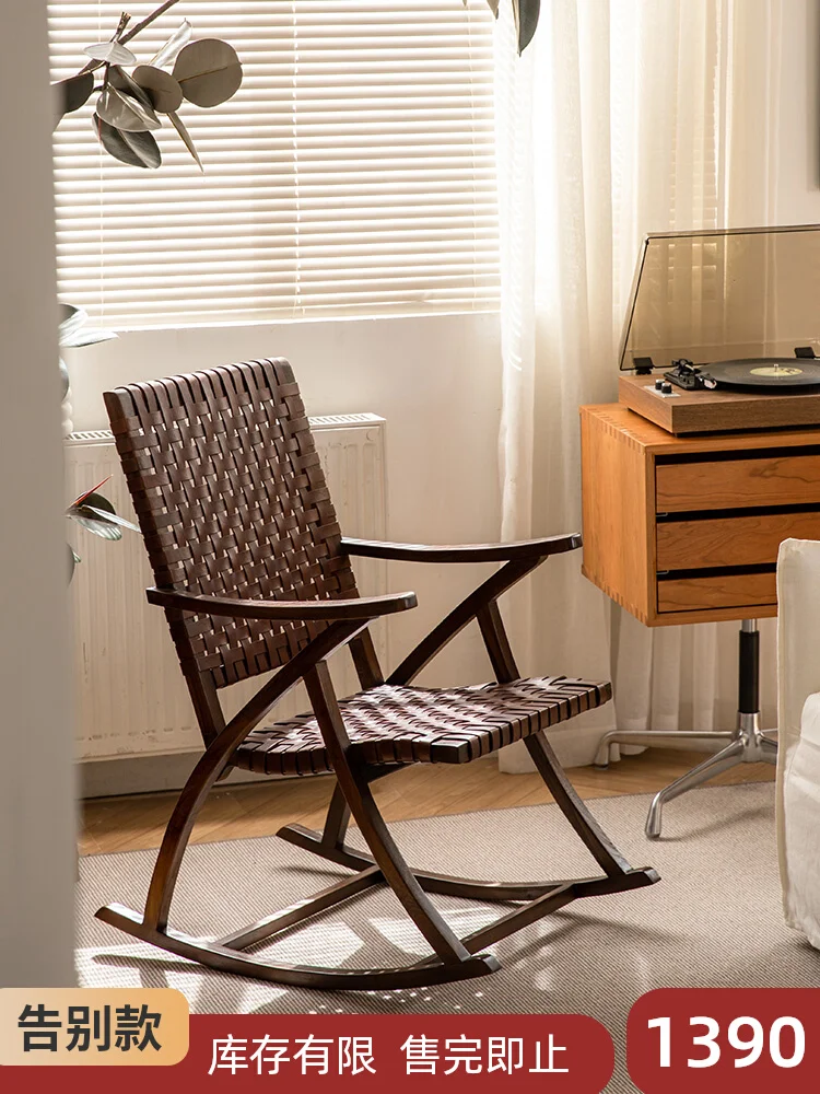 كرسي هزاز من الخشب الصلب للمنزل ، كرسي بذراعين من جلد البقر الساج ، غرفة معيشة ، صالة ، شرفة ، منزل #3